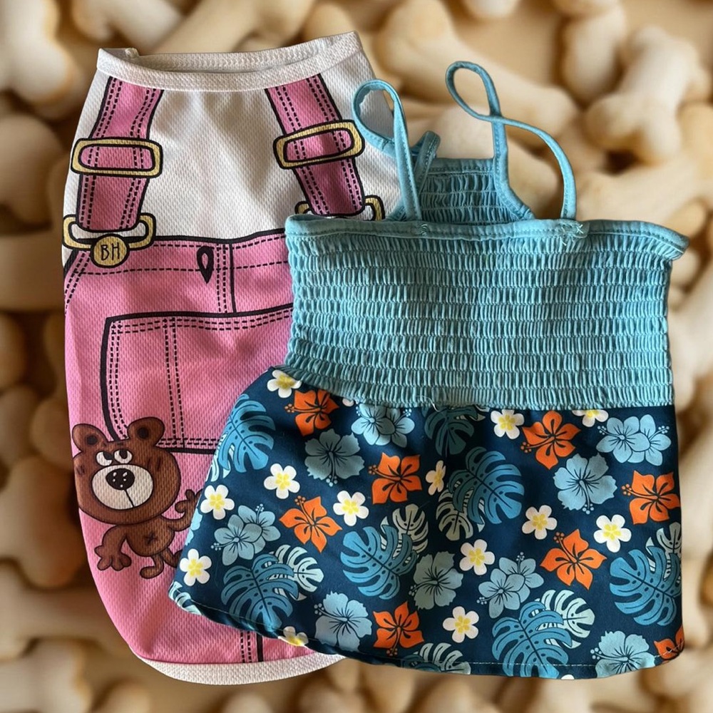 Hawaiian Dog Dress and Pink Jumper Dog Outfits